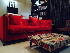 Haresfield 3 Seater Sofa in Linwood Omega Carnelian and Stool in Moon Heritage Aberdeen Sea