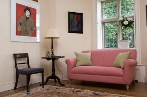 Petworth Small Sofa in Linwood Pronto Pink Gin with Scatters in Linwood Pronto Pear