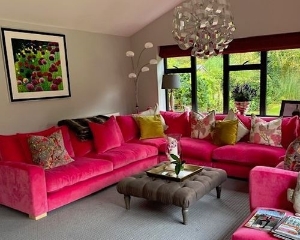 Stockbridge Corner Sofa  and Footstool in LInwood Omega Folly with Contrasting Scatters