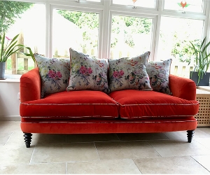 Helmsley 3 Seater Sofa in Linwood Carnelian with Piping & Scatters in Aubriet Lino Damson