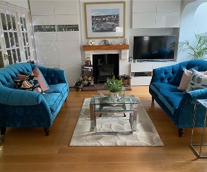 Abbotsbury 2 Seater Sofa in J Brown Modena Velvet Peacock  with Piping & Scatters in Petrol