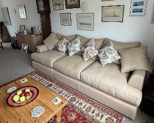 Slingsby 3 Seater Sofa in Whernside Corn with scatters in RHS Botanicals Foliage mix