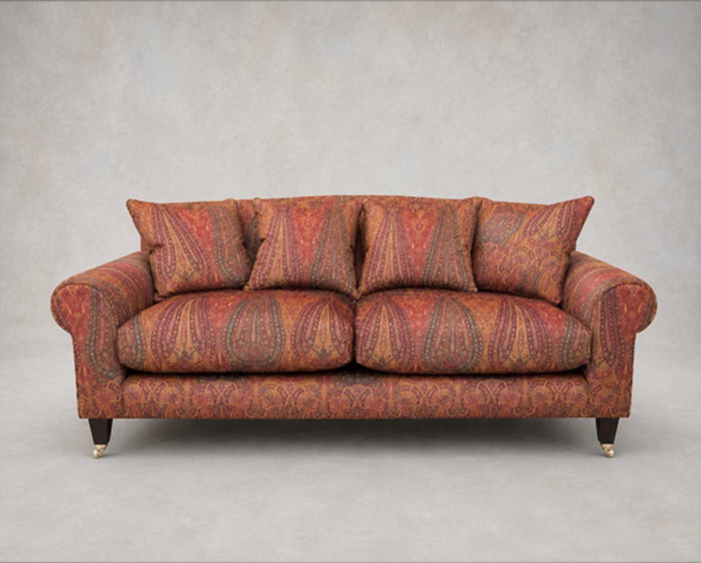 Outlet West Sussex: Walberswick 3 seater sofa in V&A Threads of India Opulent Velvet Paisley Splendour Rouge
