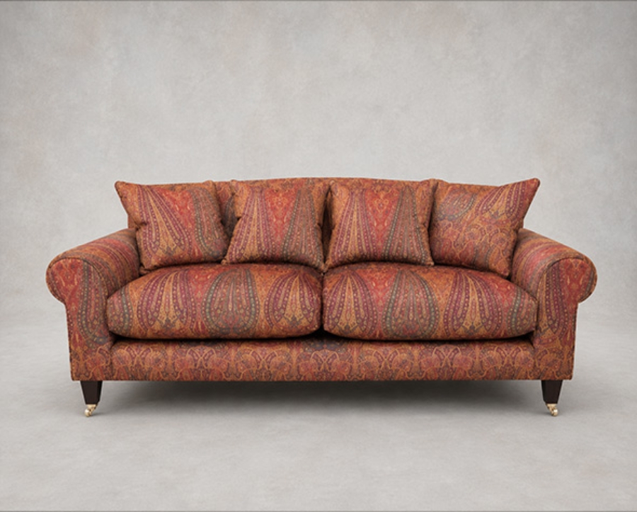 Outlet West Sussex: Walberswick 3 seater sofa in V&A Threads of India Opulent Velvet Paisley Splendour Rouge