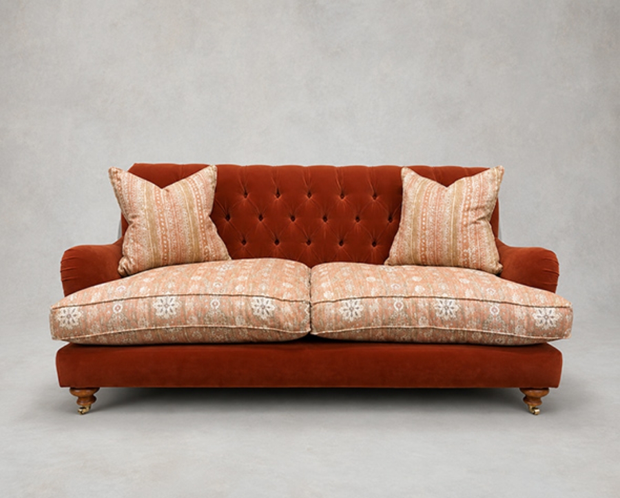 Outlet West Sussex: Chiddingfold 3 Seater Sofa in Omega Velvet Tawny Velvet and V&A Threads of India Regal Arabesque Flame with scatters