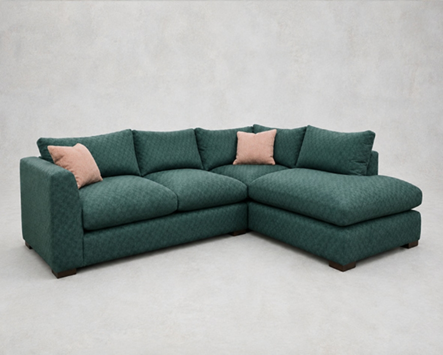 Outlet West Sussex: Wadenhoe corner sofa in Padua Pavement Peacock with contrasting scatters