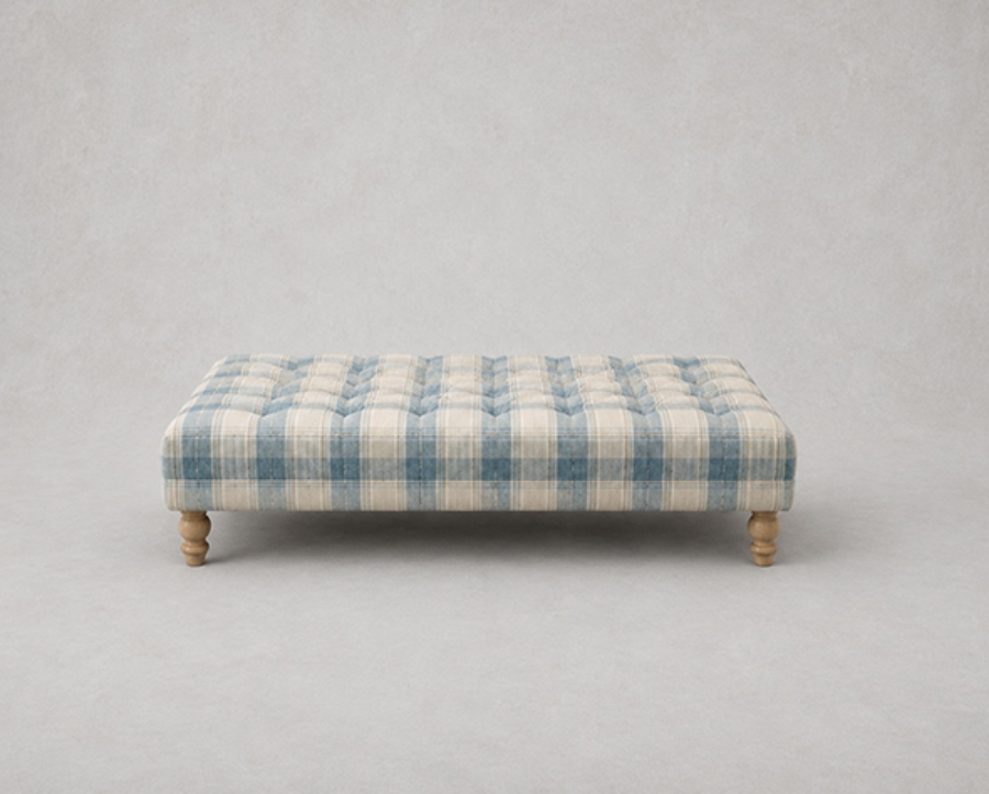 Outlet West Sussex: Bedham footstool in Callanish Plaid Aqua with contrasting piping