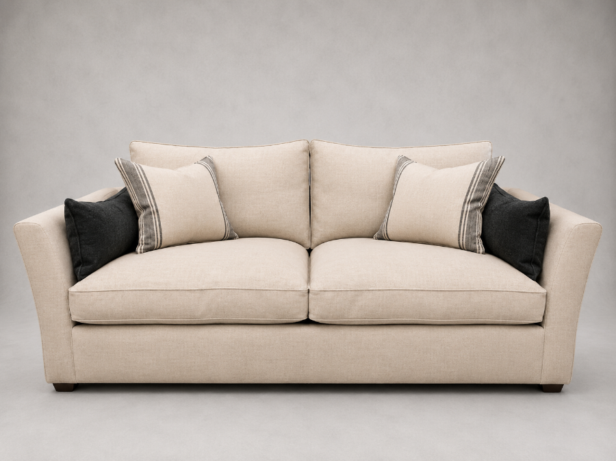 Outlet St Albans: Aldeburgh 4 seater sofa in Brussels Linen with scatters